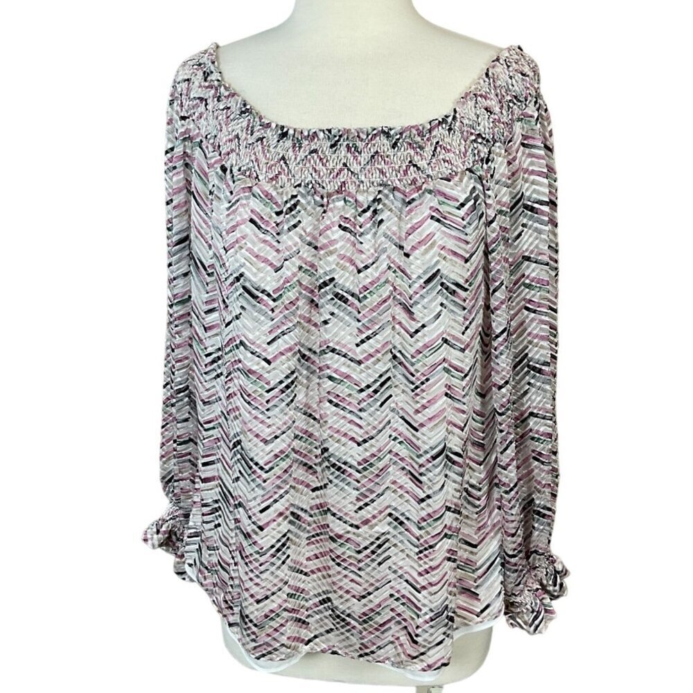 House Black Market Smocked Collar & Cuffs Off-Shoulder Blouse Bishop Sleeves Lg